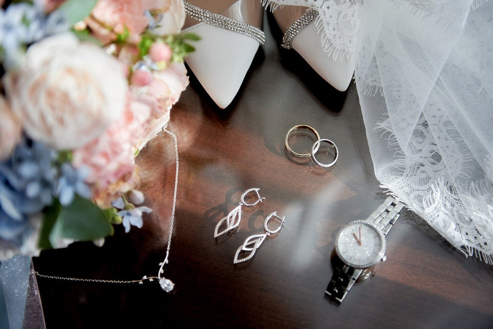 Elevate your bridal look with bridal accessories - veil, rings, shoes, watch, earrings