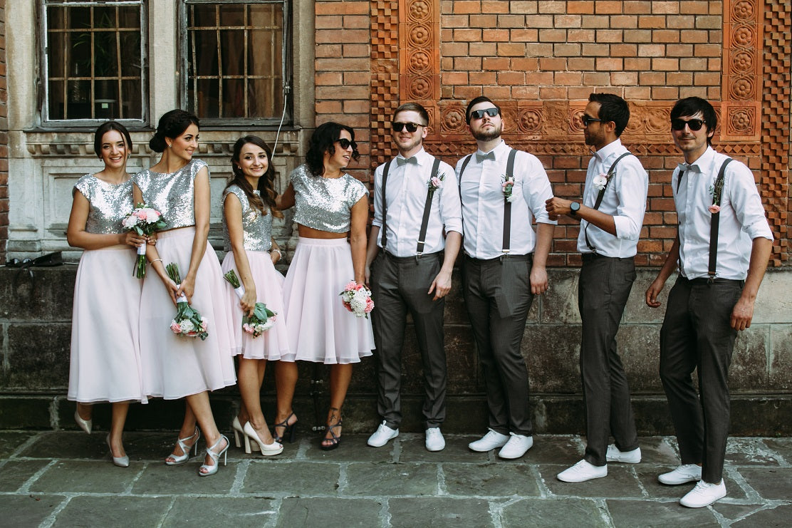 Men and women in a bridal party; bridesmaids and groomsmen